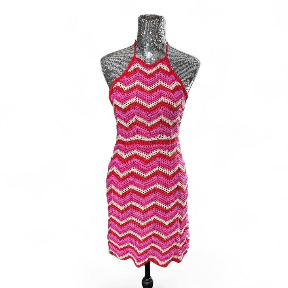 Y2K Pink Chevron Crochet Halter Mini Dress Large Strappy Backless Boho 70s Retro
